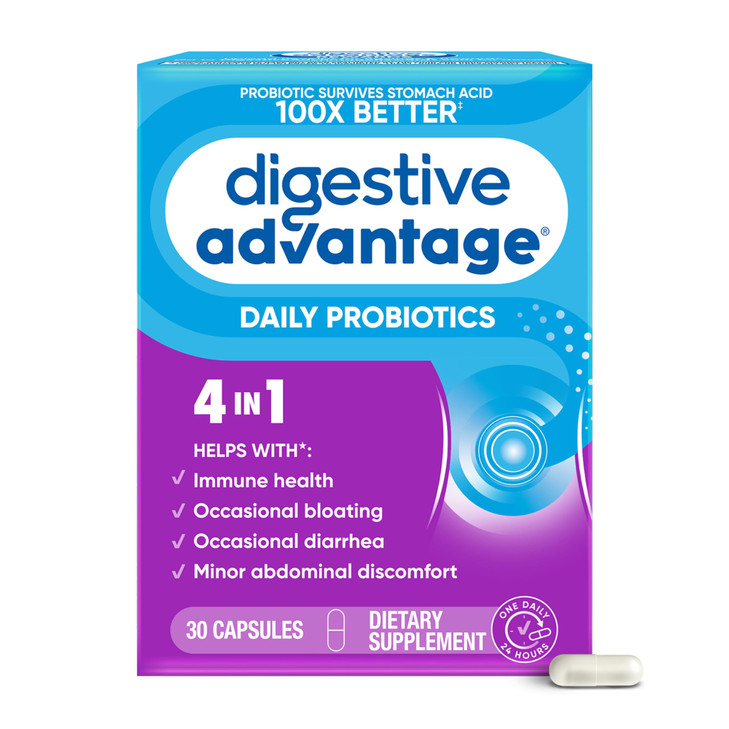 Daily Probiotic Capsule - Digestive Advantage 30 Capsules, Survives 100x Better, Lessens Bloating, Calcium, Promotes Digestive Health and Gut Flora,