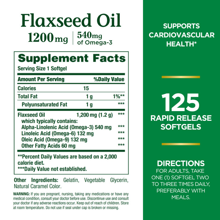 Nature's Bounty Flaxseed and Omega 3, Dietary Supplement, Supports Cardiovascular Health, 1200mg, Softgels, 125 ct