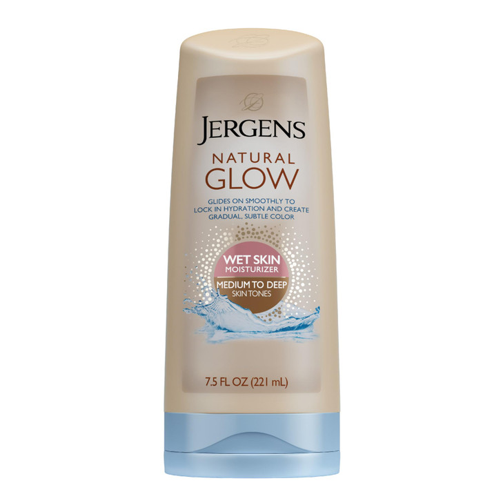 Jergens Natural Glow In Shower Lotion Self Tanner for Medium to Deep Skin Tone Sunless Tanning Wet Skin Lotion for Gradu