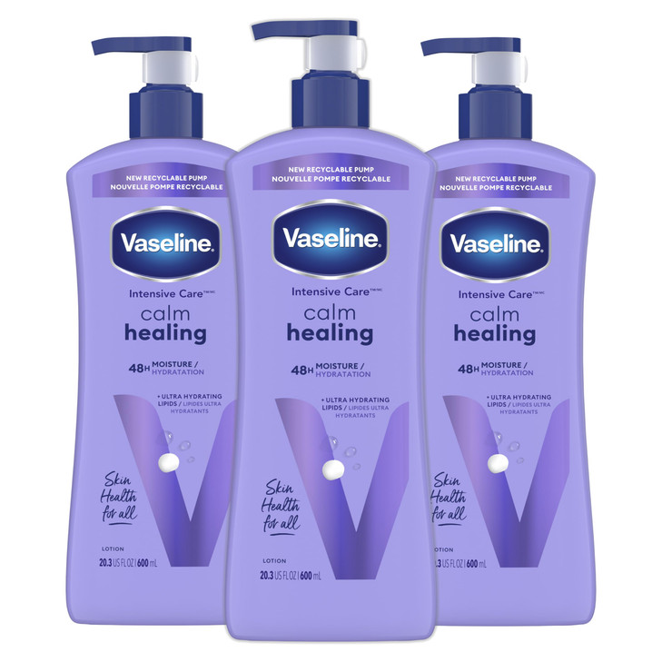 Vaseline Intensive Care Calm Healing Body Lotion 3 count for Dry Skin Made with UltraHydrating Lipids and Lavender Extra
