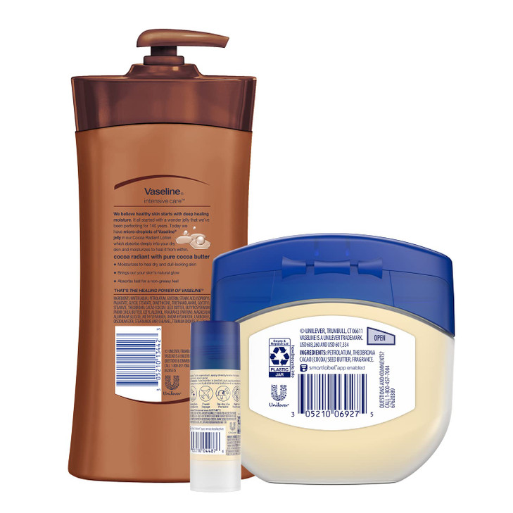 Vaseline Intensive Care Cocoa Radiant Lotion 203 oz Bundled with Moisturizing Healing Jelly Butter 75 and Shimmer Stick