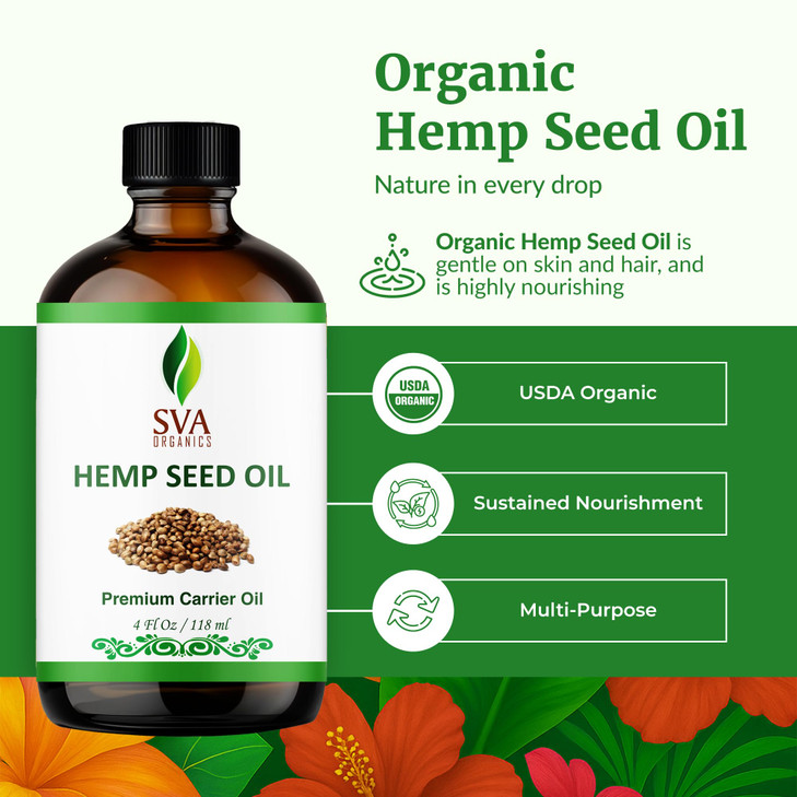 SVA ORGANICS Hemp Seed Oil Cold Pressed 4oz 118 ml Premium Carrier Oil With Dropper For Skin Care Hair Care Scalp Massag
