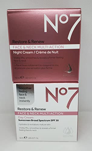 No7 Restore Renew FACE NECK MULTI ACTION DayNight Creams 2 x 50ml