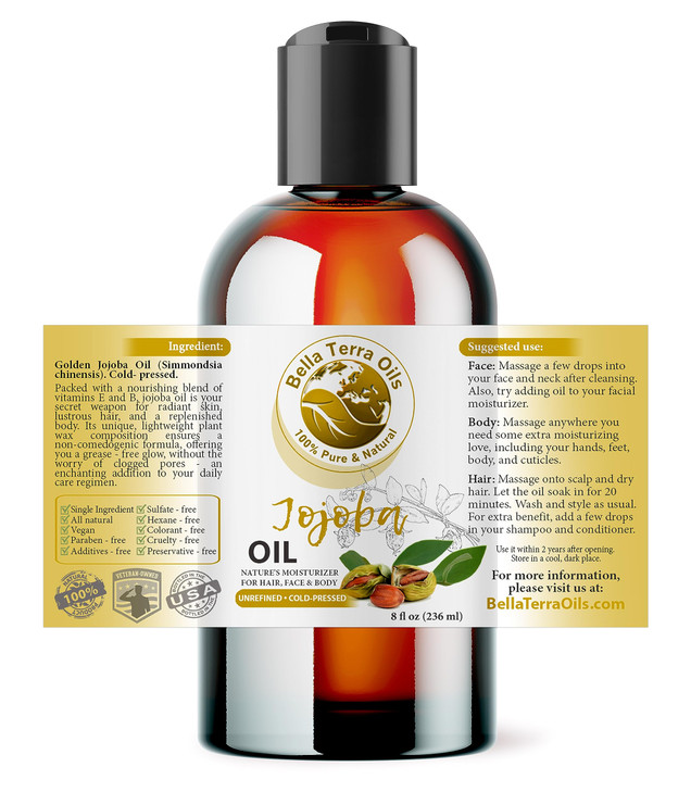 Bella Terra Oils Organic Jojoba Oil 2oz Capturing the Essence of Pure Organic Jojoba Bursting with Silicon Palmitic Acid