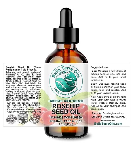 Bella Terra Oils Organic Rosehip Seed Oil 2 oz ColdPressed Elixir Rich in Vitamin A C E Linoleic AlphaLinolenic Acid Per