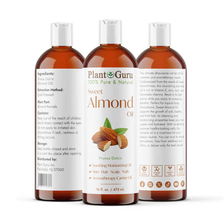 Plant Guru Sweet Almond Oil 16 fl oz Cold Pressed Carrier 100 Pure Natural For Skin Body Face and Hair Growth Moisturize