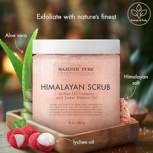 MAJESTIC PURE Himalayan Salt Body Scrub with Lychee Oil Exfoliating Salt Scrub to Exfoliate Moisturize Skin Deep Cleansi