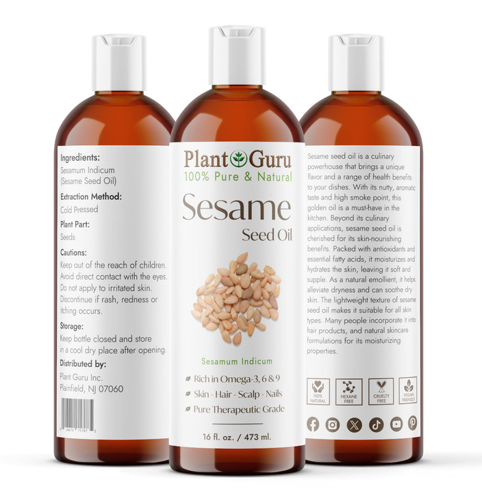 Plant Guru Sesame Seed Oil 16 fl oz Cold Pressed 100 Pure Natural Carrier for Skin Face Body Hair and Cooking Great for