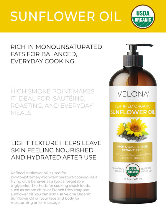 velona USDA Certified Organic Sunflower Oil 16 Fl Oz 100 Pure and Natural Carrier Oil High Oleic Refined Cooking Skin Ha