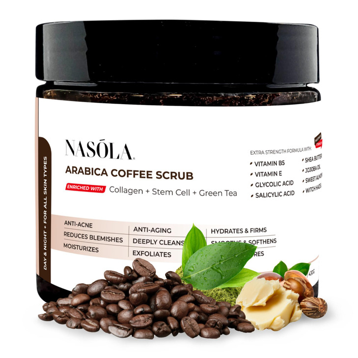 Nasola Arabica Coffee Body Scrub with Collagen Green Tea Stem Cell Exfoliating Body Scrubber Face Cleanser Coffee Scrub