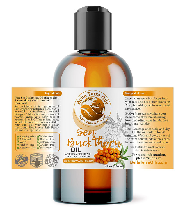 Bella Terra Oils Organic Sea Buckthorn Oil 8oz ColdPressed Treasure Bursting with Omega3 Omega6 A Radiant Glow in Every