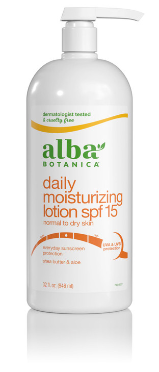 Alba Botanica Daily Moisturizing Lotion SPF 15 Normal to Dry Skin with Shea Butter and Aloe 32 Oz Packaging May Vary