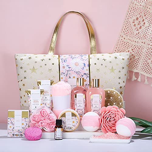 Spa Luxetique Gift Baskets for Women Dasiy Dream Scented 15pcs Bath Gift Sets with Shower Gel Hand Cream and Tote Bag Mo