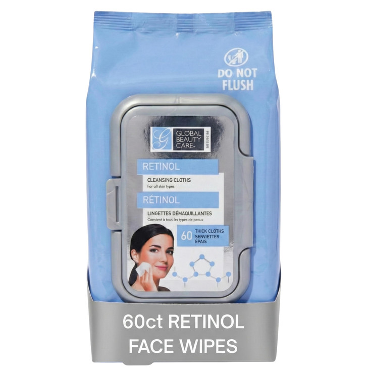 Global Beauty Care Retinol Makeup Remover Wipes - Gentle Daily Facial Cleansing Wipes for Sensitive Skin, Anti-Aging, Hydrating & Renewing For Radian