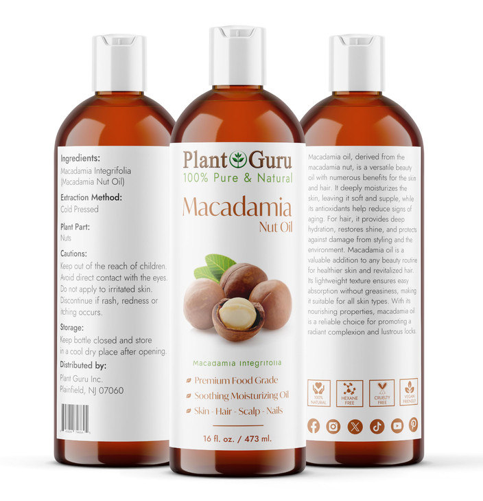 Plant Guru Macadamia Nut Oil 16 fl oz Cold Pressed 100 Pure Natural Carrier Skin Face Body and Hair Moisturizer Ideal fo