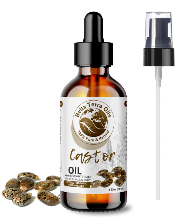 Bella Terra Oils Organic Castor Oil 2oz Glass Bottle Pure ColdPressed Rich in Stearic Acid for Skin Hair Care