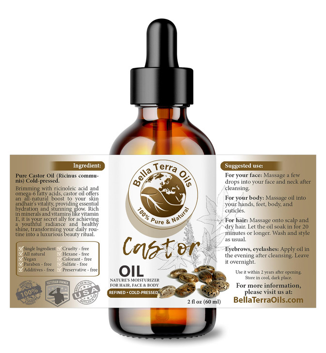 Bella Terra Oils Organic Castor Oil 2oz Glass Bottle Pure ColdPressed Rich in Stearic Acid for Skin Hair Care