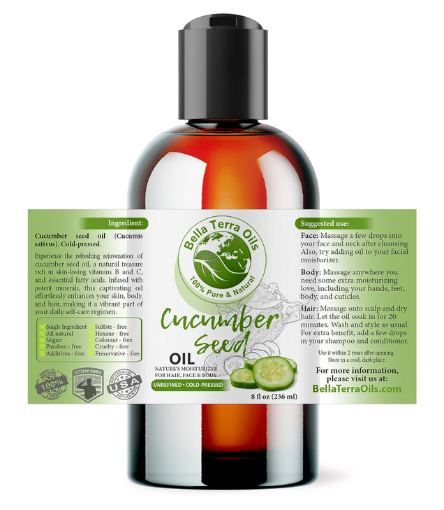 Bella Terra Oils Cucumber Seed Oil 8 oz Harness the Potent Nutritional Profile of Cucumber Loaded with Vitamin K Biotin