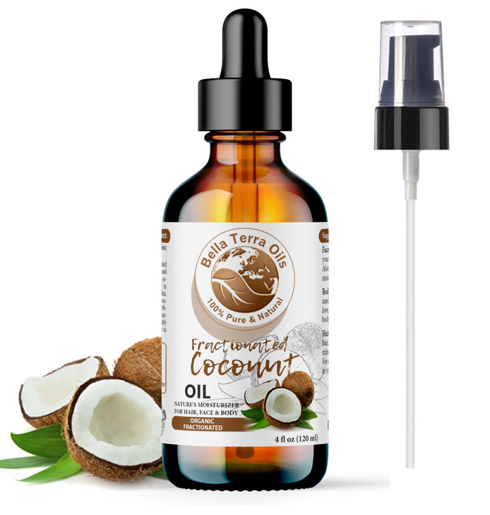 Bella Terra Oils Organic Fractionated Coconut Oil MCT 4oz Derived from Pure Coconut Essence Abundant in Capric Lauric Ac