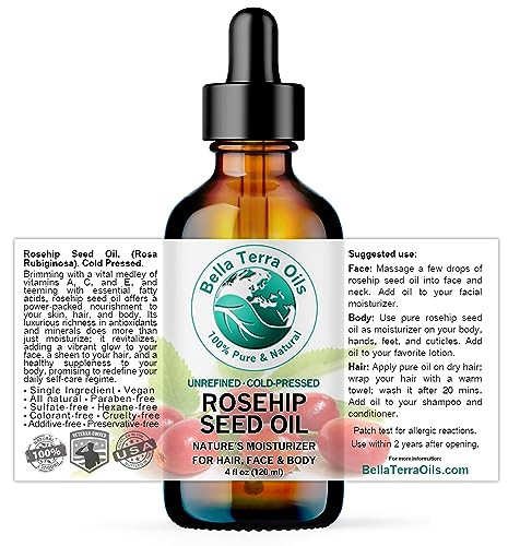 Bella Terra Oils Organic Rosehip Oil 4 oz Hailing from The Finest Rosa Mosqueta Abundant in Omega6 Omega3 Fatty Acids Pu