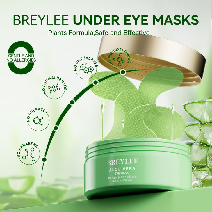 BREYLEE Aloe Vera Eye Masks 60 Pcs Puffy Eyes and Dark Circles Treatments Look Younger and Reduce Wrinkles and Fine Line