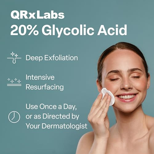 QRxLabs Glycolic Acid Pads 20 Resurfacing Pads AHA for Face Body Exfoliates Skin Surface and Reduces Appearance of Fine