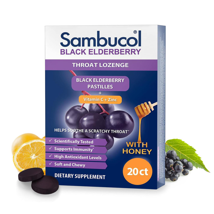 Sambucol Black Elderberry Throat Lozenge - with Black Elderbrry, Vitamin C, Zinc & Honey, Soothes Scratchy Throats, High Antioxidants, Gluten-Free - online at globaldelivered