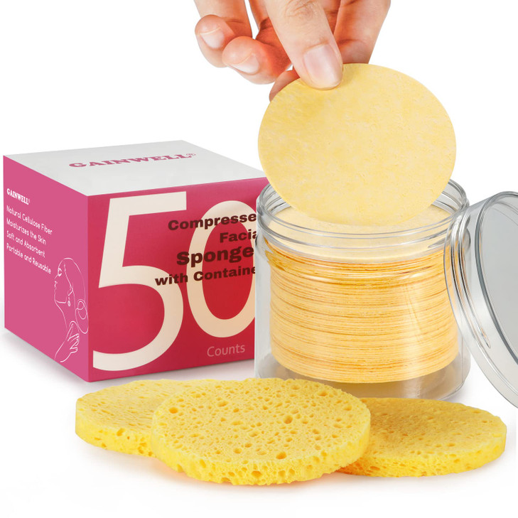 GAINWELL 50Count Compressed Facial Sponges with Storage Container for Facial Cleansing Reusable Makeup Remover Portable