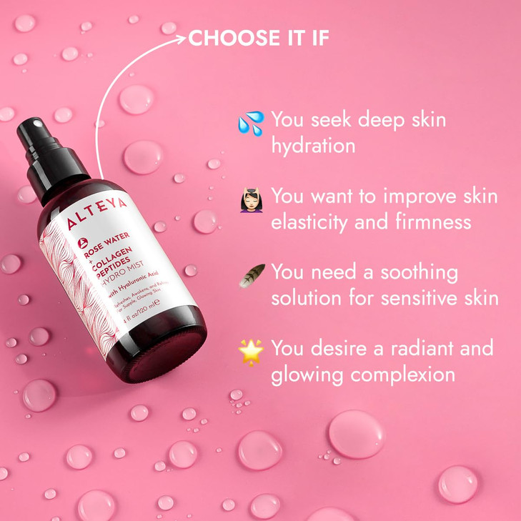Alteya Organics Rose Water Face Toner With Collagen Peptides Hyaluronic Acid Hydrating Facial Mist for AntiAging Firming