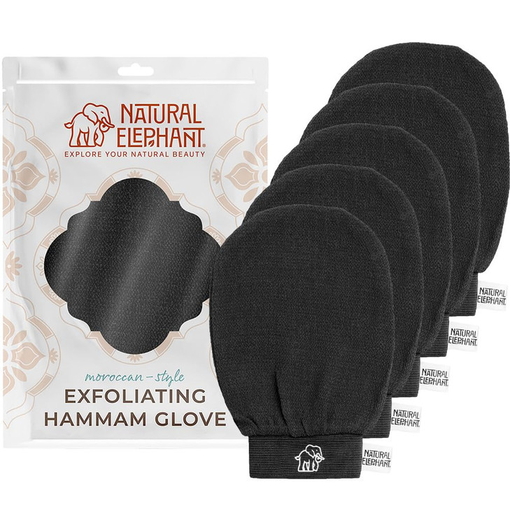 Natural Elephant Exfoliating Hammam Glove Face and Body Exfoliator Mitt Pure Black Pack of 5