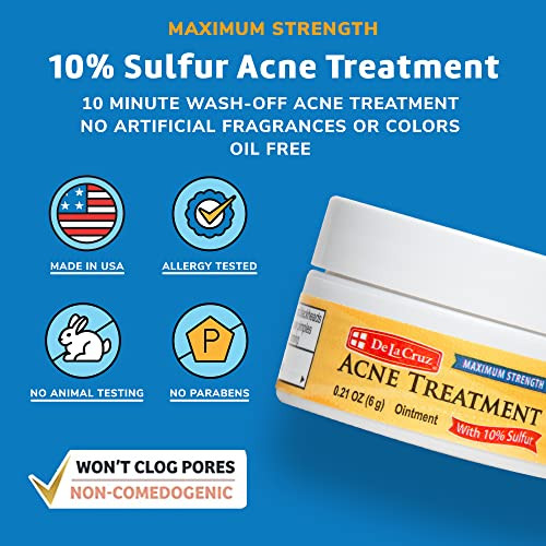 De La Cruz 10 Sulfur Ointment Travel Size Cystic Acne Treatment for Face and Body Daily 10 Min Spot Treatment Mask Safe