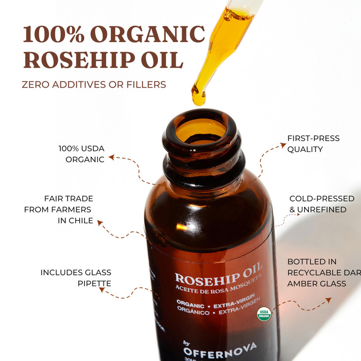 Offernova Organic Rosa de Mosqueta Oil USDA Certified Rosehip Seed Oil Pure Cold Pressed Repairs Brightens Skin Gua Sha