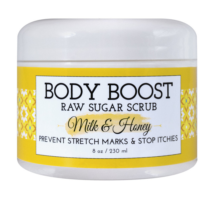 Body Boost Milk Honey Sugar Scrub 8 oz Help Prevent Dry Skin Stretch Marks and Scars Pregnancy and Nursing Safe Allergen