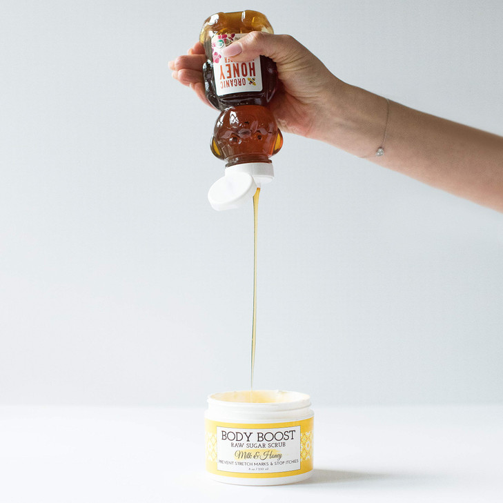Body Boost Milk Honey Sugar Scrub 8 oz Help Prevent Dry Skin Stretch Marks and Scars Pregnancy and Nursing Safe Allergen