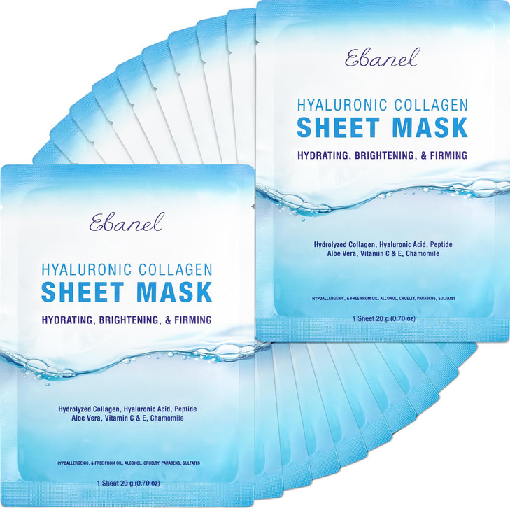 Ebanel 20 Pack Collagen Face Mask with Hyaluronic Acid Vitamin C Peptide Aloe Instant Brightening Hydrating Face Masks S