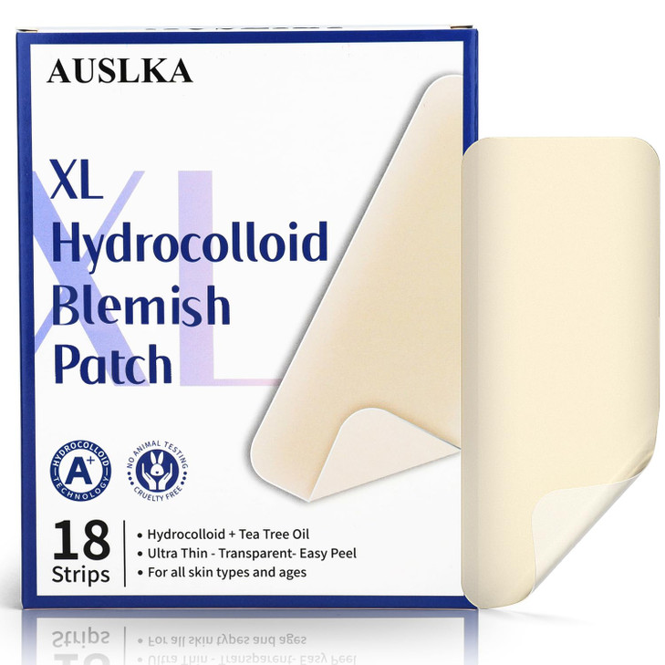 AUSLKA Large Blemish Patches XL Pimple Patch 18 Strips Hydrocolloid Patch for Covering Zits Spot Stickers Vegan and Crue