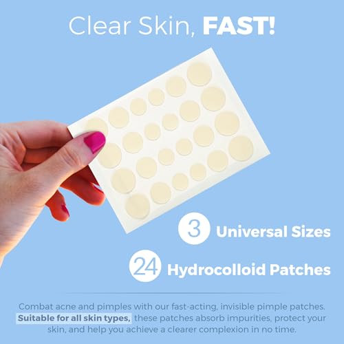 Acne Patches for Face Hydrocolloid Bandages 24 Count Pimple Patches for Face in 3 Universal Sizes Acne Spot Treatment Ca