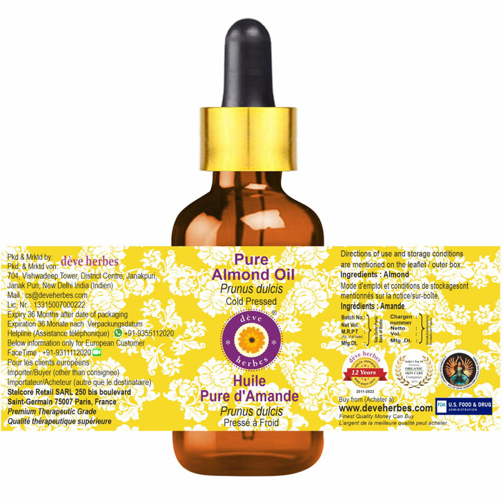 dve herbes Almond Oil Prunus dulcis with Glass Dropper Cold Pressed Pure Natural For Diluting Essential oils For Skin Ma