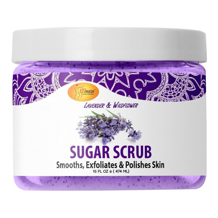 SPA REDI Sugar Scrub Lavender and Wildflower 16 Oz Exfoliating Moisturizing Hydrating and Nourishing Glow Polish Smooth