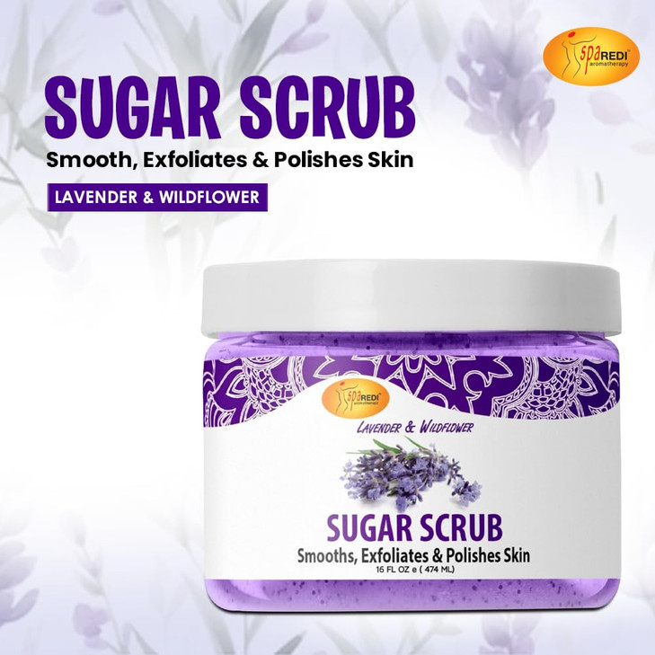 SPA REDI Sugar Scrub Lavender and Wildflower 16 Oz Exfoliating Moisturizing Hydrating and Nourishing Glow Polish Smooth