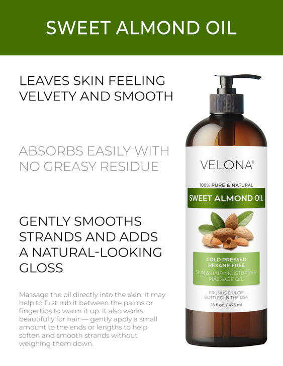 velona Sweet Almond Oil 16 Fl Oz 100 Pure and Natural Carrier Oil Cold Pressed Skin Hair Body Face Moisturizing Use Toda