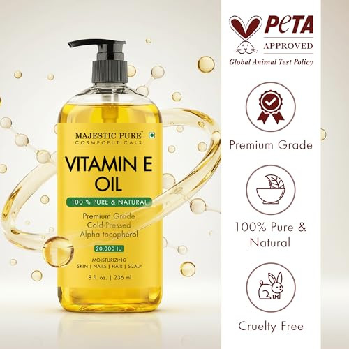 Majestic Pure Vitamin E Oil 8 Fl Oz 100 Pure and Natural Cold Pressed Hexane Free Natural Hair Growth Oil for Eyelashes