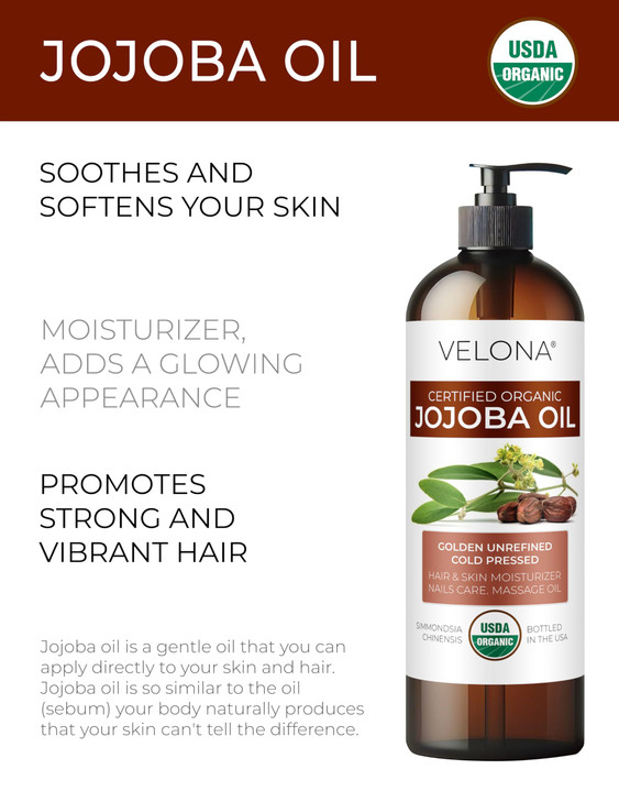 velona Jojoba Oil USDA Certified Organic 16 fl oz With Pump 100 Pure and Natural Golden Unrefined Cold Pressed Hexane Fr