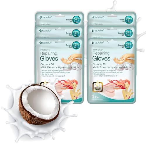 Epielle Intensive Repairing Hand Mask 6 Pairs Renew and Soften with Coconut Oil Milk Extract Deep Moisturizing Gloves fo
