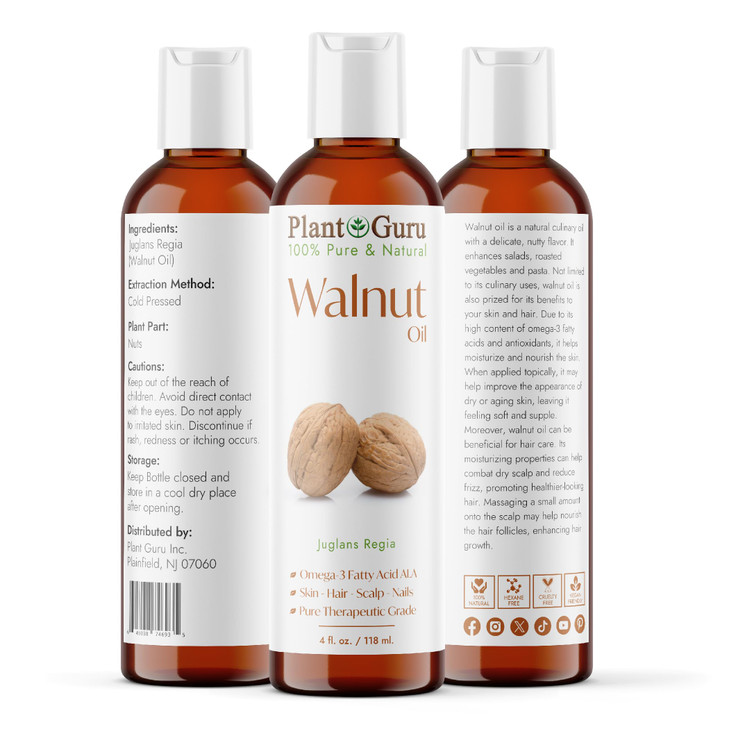 Plant Guru Walnut Oil 4 fl oz Cold Pressed 100 Pure Natural Skin Body Face and Hair Growth Moisturizer Great For Creams