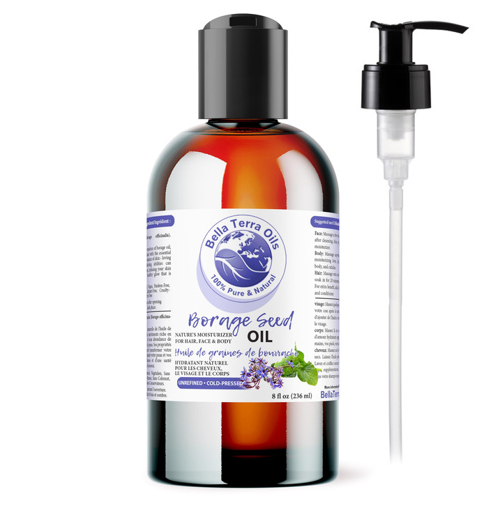 Bella Terra Oils Organic Borage Seed Oil 8 oz ColdPressed from Organic Borage Seeds Overflowing with Vitamin E Omega Fat