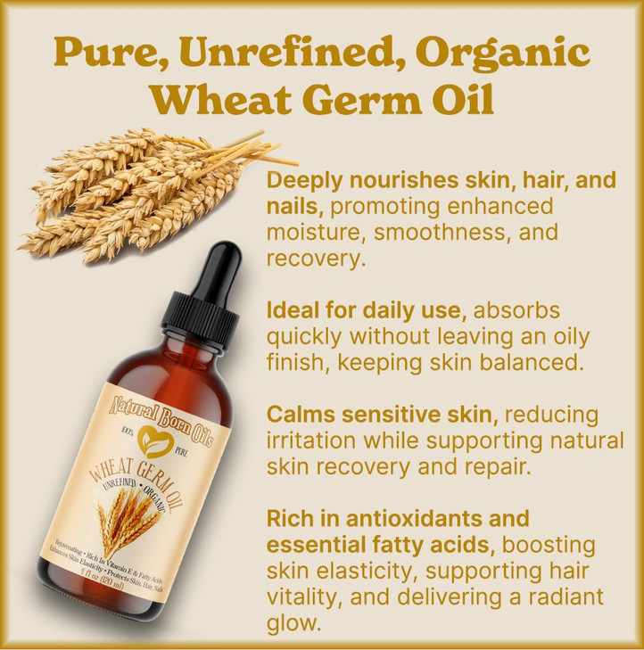 Natural Born Oils Wheat Germ Oil 8oz Organic ColdPressed Unrefined Vitamin E Powerhouse Ideal for Moisturizing Skin Stre