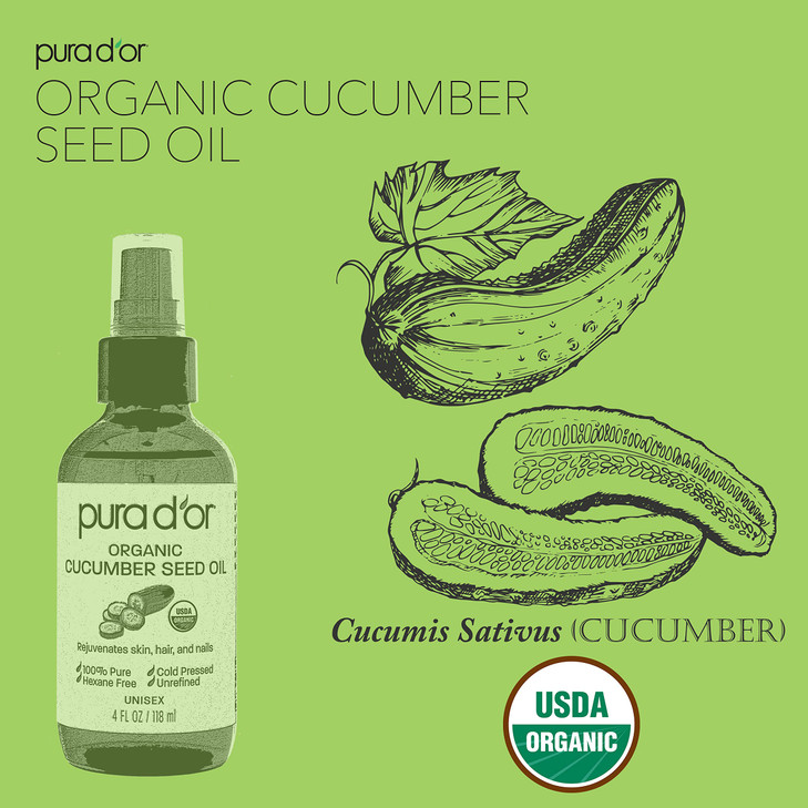 PURA DOR 4 Oz Organic Cucumber Seed Oil100 Pure USDA Certified Premium Grade All Natural Moisturizer Cold Pressed Unrefi