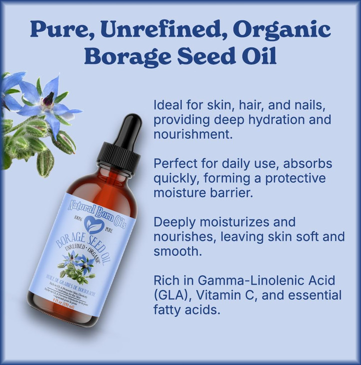 Natural Born Oils Borage Seed Oil 16oz Organic ColdPressed Carrier Oil High GLA Vitamins Minerals Deep Skin Nourishment