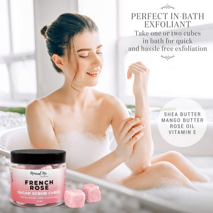 Body Scrub Exfoliator 12oz FRENCH ROSE Sugar scrub cubes wMango Butter Shea butter Ultra Hydrating Moisturizing Natural